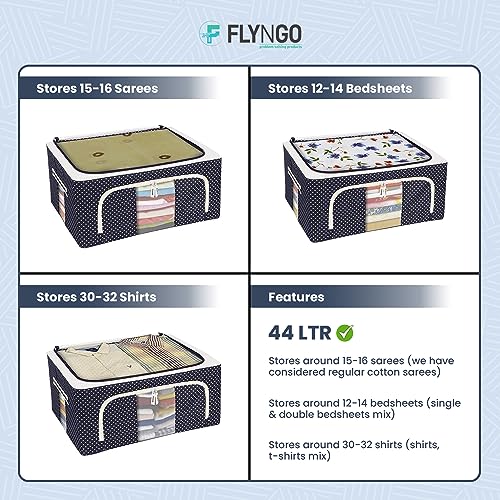 FLYNGO Foldable Steel Frame Clothes Organizer Storage Box For Wardrobe, Saree, Shirts, And Blankets (44 Ltr - Pack Of 2, Oxford Fabric), Blue - Image 5