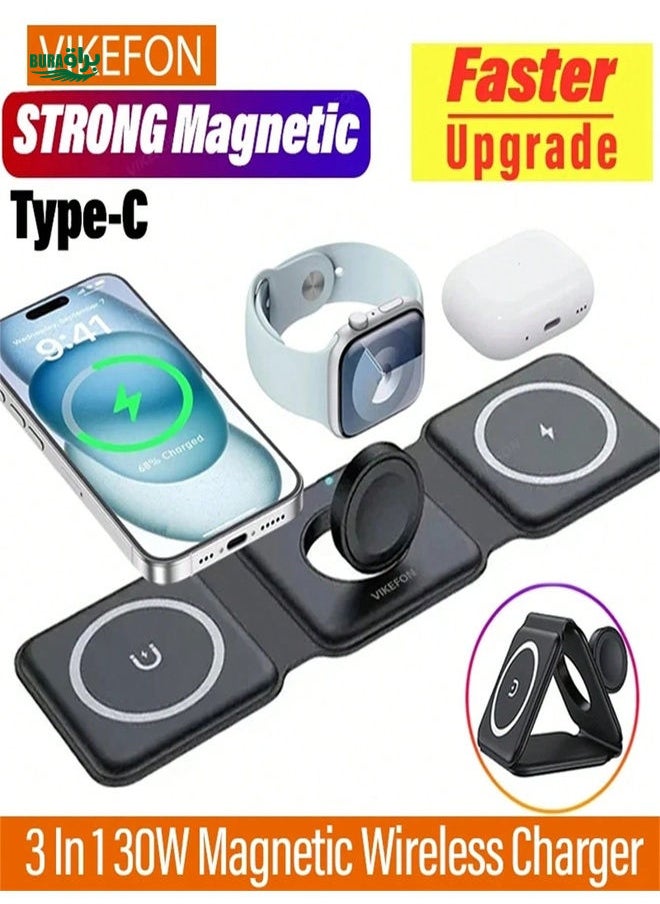 BURAQ - VIKEFON 3 In 1 Magnetic Wireless Charger Pad Stand Foldable Compatible With Iphone 15 14 13 12 Apple AirPods Fast Charging Dock Station Compatible With IPhone Multiple Devices Compatible With IPhone 16 15 14, 13, 12, 11/Pro/Max/Mini/Plus, X, XR, XS/Max, SE, 8/Plus, Compatible With Apple Watch 1-8, Compatible With Airpods 3/2/Pro,Compatible With IPhone, IPad,Android Phone Gifts For Family,Friends,Kids,Birthday,Christmas, Winter, Girlfriend,Boyfriend - Image 1