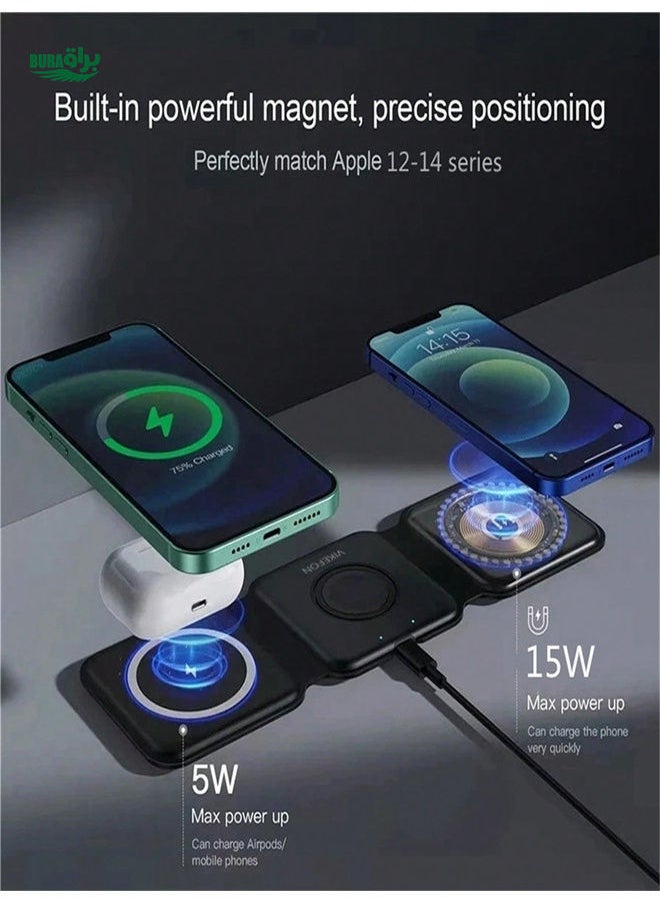 BURAQ - VIKEFON 3 In 1 Magnetic Wireless Charger Pad Stand Foldable Compatible With Iphone 15 14 13 12 Apple AirPods Fast Charging Dock Station Compatible With IPhone Multiple Devices Compatible With IPhone 16 15 14, 13, 12, 11/Pro/Max/Mini/Plus, X, XR, XS/Max, SE, 8/Plus, Compatible With Apple Watch 1-8, Compatible With Airpods 3/2/Pro,Compatible With IPhone, IPad,Android Phone Gifts For Family,Friends,Kids,Birthday,Christmas, Winter, Girlfriend,Boyfriend - Image 1