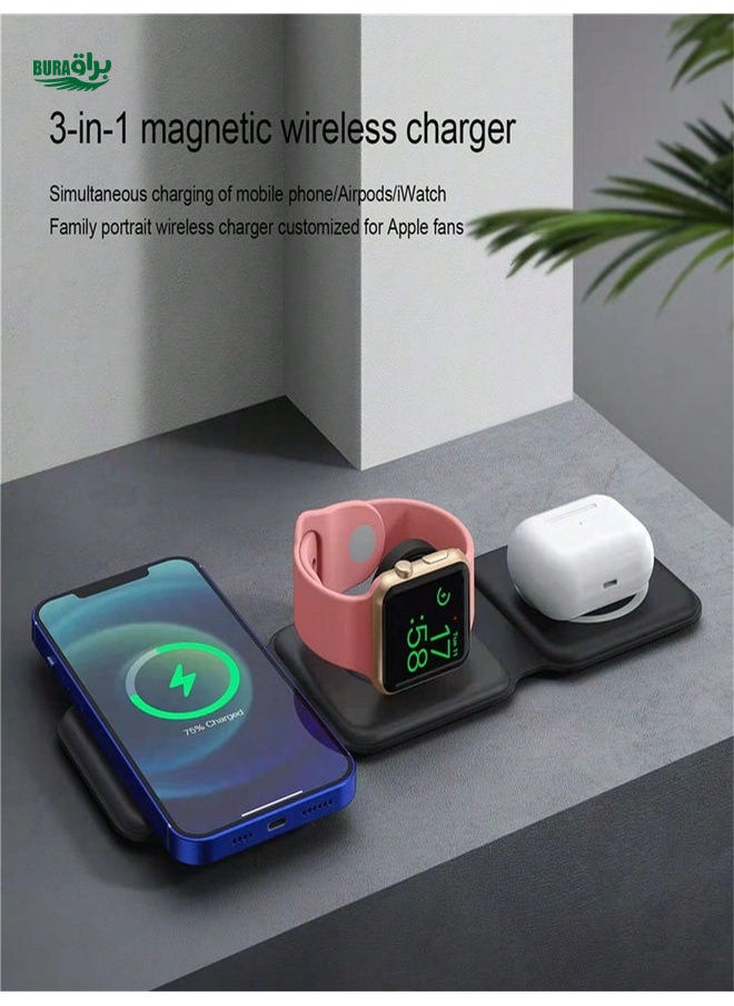 BURAQ - VIKEFON 3 In 1 Magnetic Wireless Charger Pad Stand Foldable Compatible With Iphone 15 14 13 12 Apple AirPods Fast Charging Dock Station Compatible With IPhone Multiple Devices Compatible With IPhone 16 15 14, 13, 12, 11/Pro/Max/Mini/Plus, X, XR, XS/Max, SE, 8/Plus, Compatible With Apple Watch 1-8, Compatible With Airpods 3/2/Pro,Compatible With IPhone, IPad,Android Phone Gifts For Family,Friends,Kids,Birthday,Christmas, Winter, Girlfriend,Boyfriend - Image 1