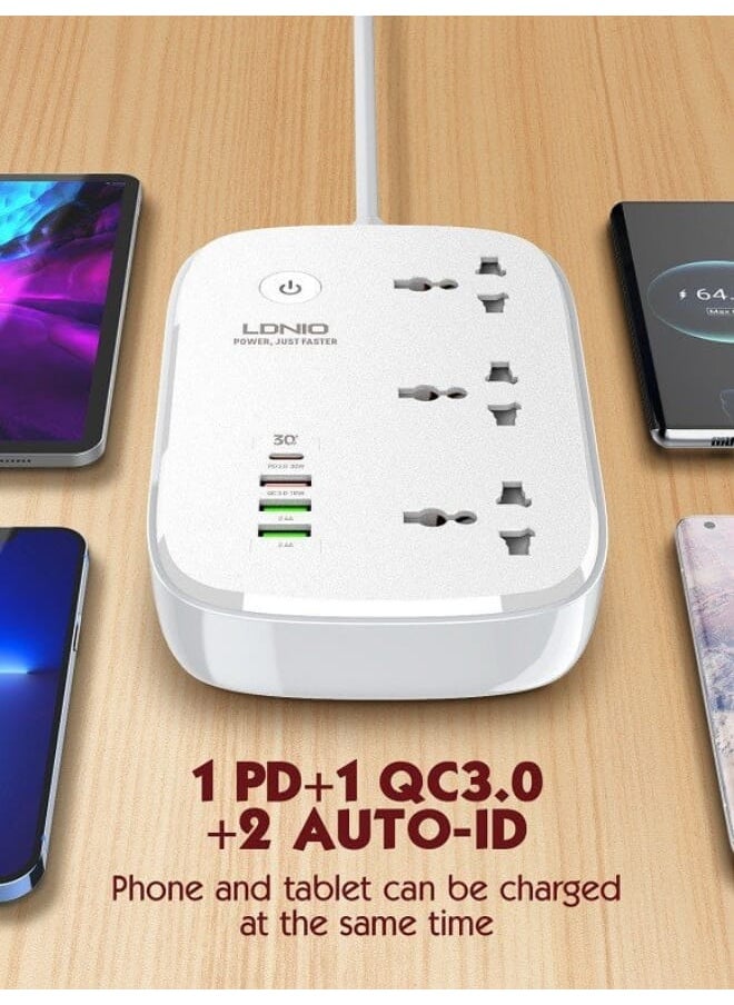 LDNIO - شريط طاقة ذكي عالمي SCW3451 مزود بـ 3 منافذ USB و3 منافذ PD بقوة 2500 وات مع زر تشغيل - أبيض - Image 1