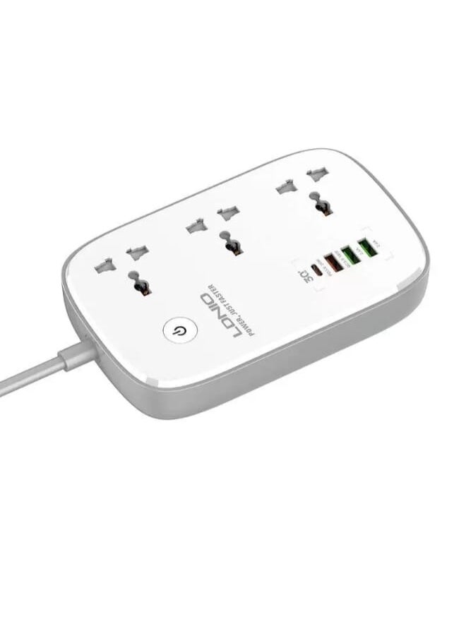 LDNIO - شريط طاقة ذكي عالمي SCW3451 مزود بـ 3 منافذ USB و3 منافذ PD بقوة 2500 وات مع زر تشغيل - أبيض - Image 1