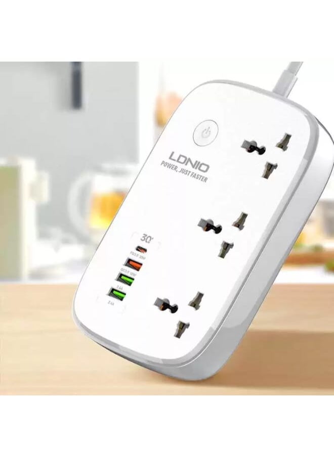 LDNIO - شريط طاقة ذكي عالمي SCW3451 مزود بـ 3 منافذ USB و3 منافذ PD بقوة 2500 وات مع زر تشغيل - أبيض - Image 1