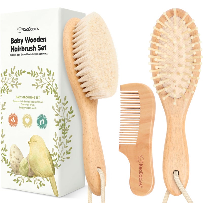 KeaBabies Baby Hair Brush and Comb Set for Newborn - Wooden Baby Hair Brush Set with Soft Goat Bristle, Baby Brush Set for Newborns Baby Brush and Comb Set Girl, Boy, Toddler Cradle Cap Brush (Oval, Walnut) - Image 1