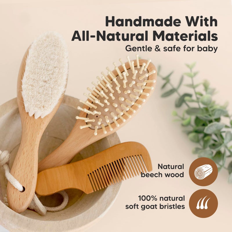 KeaBabies Baby Hair Brush and Comb Set for Newborn - Wooden Baby Hair Brush Set with Soft Goat Bristle, Baby Brush Set for Newborns Baby Brush and Comb Set Girl, Boy, Toddler Cradle Cap Brush (Oval, Walnut) - Image 4
