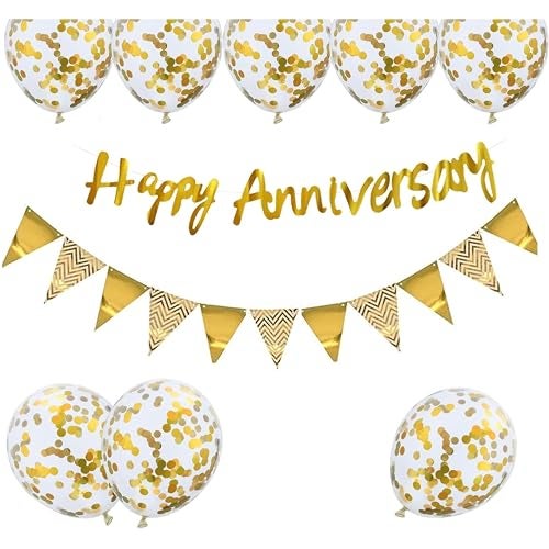 TOYXE Ultimate Gold Happy Anniversary Banner with Buntings and Confetti Balloons - Image 1