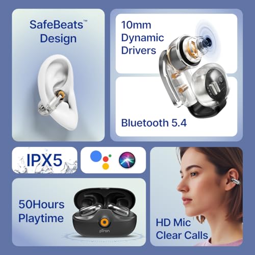 pTron Bassbuds Vortex Clips Wireless Open Ear Earbuds w/Chrome Finish, SafeBeats Tech, 50Hrs Playtime, Dual HD Mic w/AI-ENC, 10mm Driver, Pristine Sound, BTv5.4 Earclips, Type C Charging (Obsidian) - Image 3