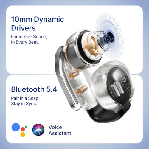 pTron Bassbuds Vortex Clips Wireless Open Ear Earbuds w/Chrome Finish, SafeBeats Tech, 50Hrs Playtime, Dual HD Mic w/AI-ENC, 10mm Driver, Pristine Sound, BTv5.4 Earclips, Type C Charging (Obsidian) - Image 5