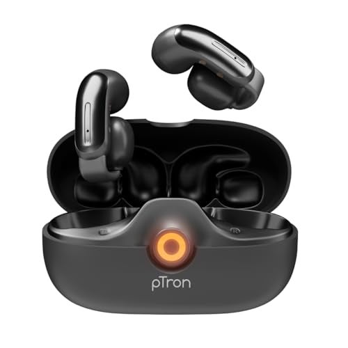 pTron Bassbuds Vortex Clips Wireless Open Ear Earbuds w/Chrome Finish, SafeBeats Tech, 50Hrs Playtime, Dual HD Mic w/AI-ENC, 10mm Driver, Pristine Sound, BTv5.4 Earclips, Type C Charging (Obsidian) - Image 1