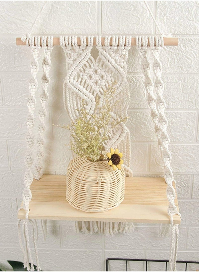 Wall Hanging Shelf Boho Decor Wood Floating Shelf for Bedroom Living Room Nursery Bathroom, Handmade Woven Rope Storage Rack for Photo Frames Plant Display - Image 3