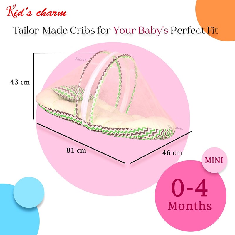 Kid's Charm Kids Charm MiniZigzag Baby Bed with Thick Mattress Mosquito Net with Zip Closure Neck Pillow Baby Bedding for New Born Zigzag Print Baby Sleeping Bed for 0 to 4 Months Babies Green - Image 2
