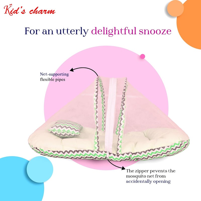 Kid's Charm Kids Charm MiniZigzag Baby Bed with Thick Mattress Mosquito Net with Zip Closure Neck Pillow Baby Bedding for New Born Zigzag Print Baby Sleeping Bed for 0 to 4 Months Babies Green - Image 3