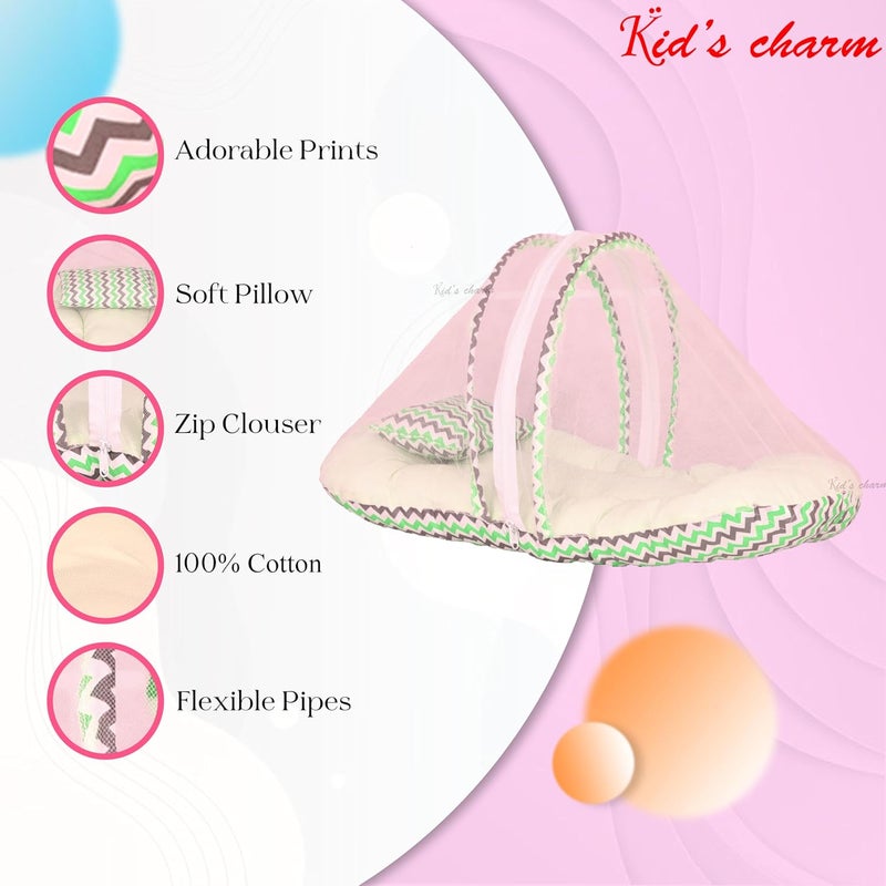 Kid's Charm Kids Charm MiniZigzag Baby Bed with Thick Mattress Mosquito Net with Zip Closure Neck Pillow Baby Bedding for New Born Zigzag Print Baby Sleeping Bed for 0 to 4 Months Babies Green - Image 4