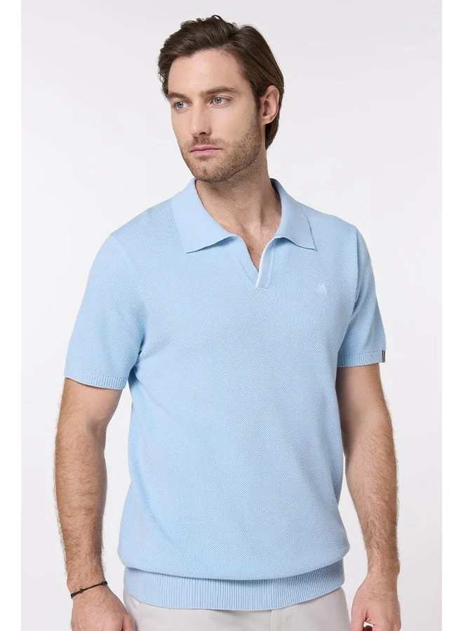 Mannerism The Light Breeze Baby Blue Cotton V-Neck Polo Comfort Fit