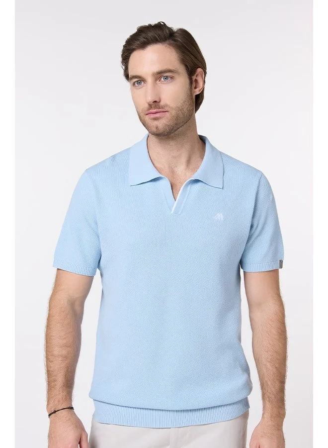 Mannerism The Light Breeze Baby Blue Cotton V-Neck Polo Comfort Fit