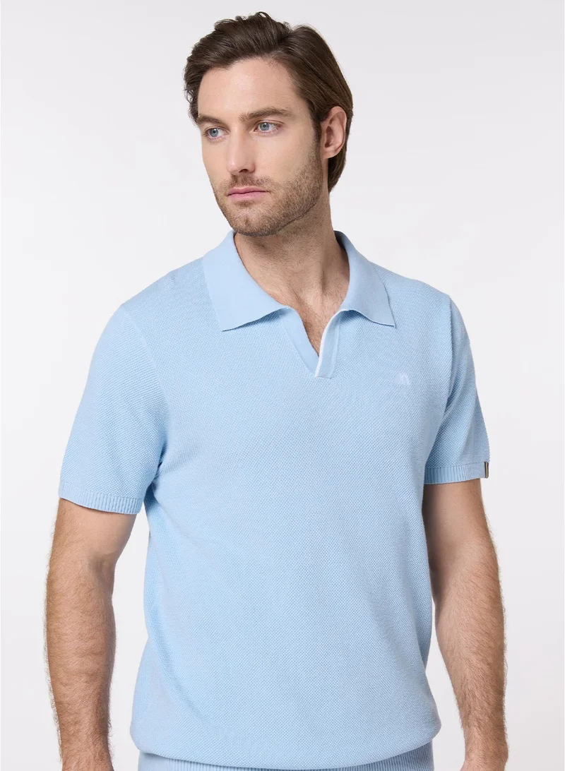 مانرزم The Light Breeze Baby Blue Cotton V-Neck Polo Comfort Fit