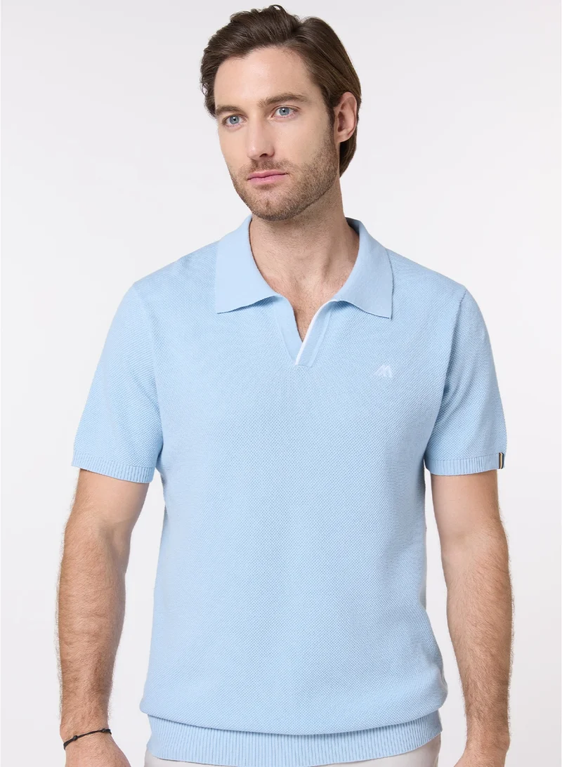 مانرزم The Light Breeze Baby Blue Cotton V-Neck Polo Comfort Fit