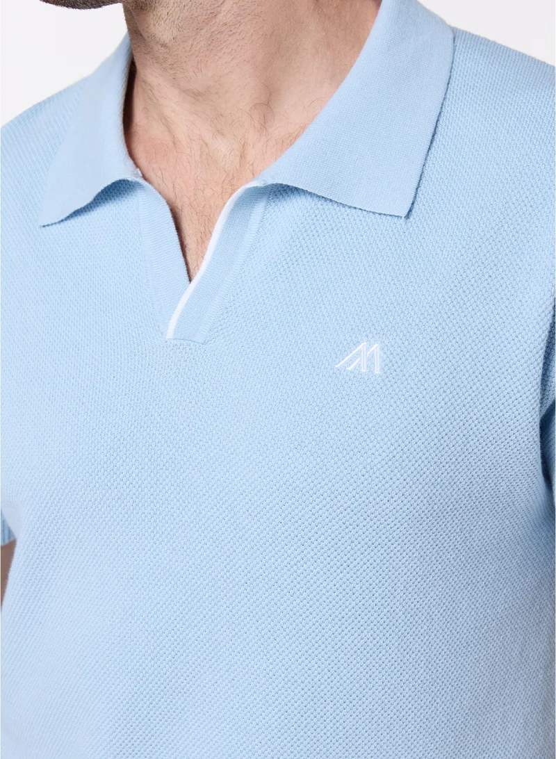 MANNERISM  The Light Breeze Baby Blue Cotton V-Neck Polo Comfort Fit for Men | Best Price UAE