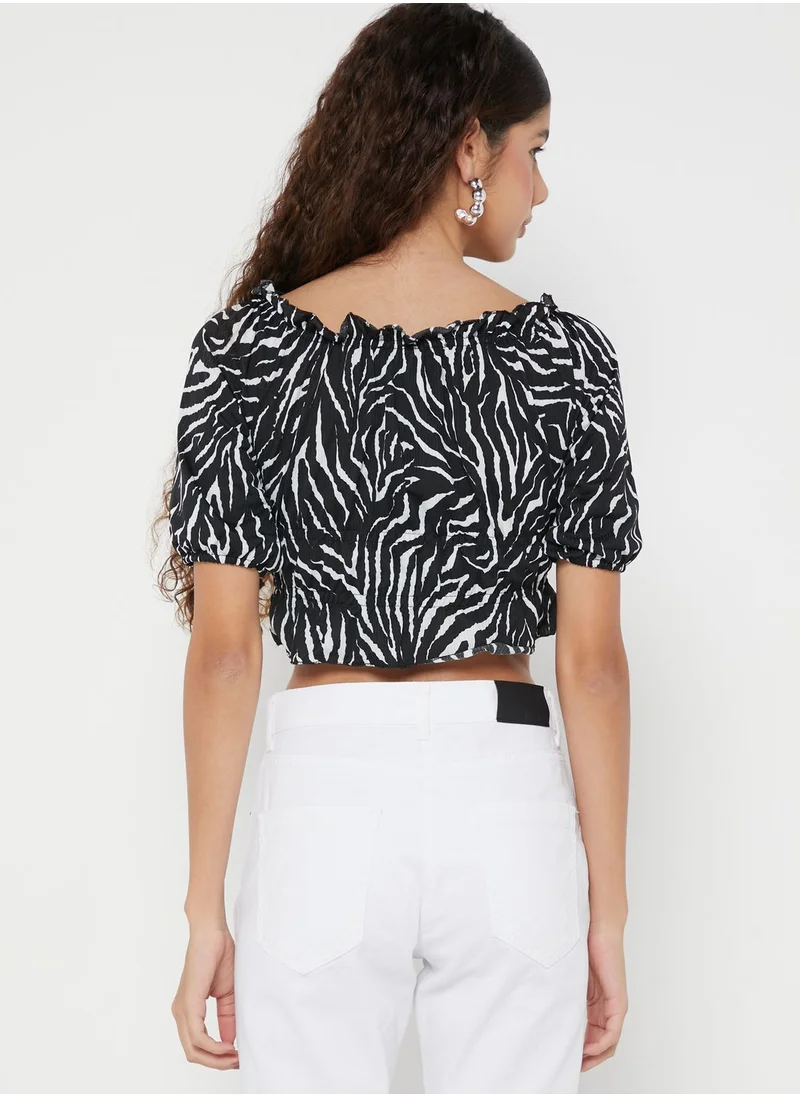 Ginger Zebra Print Puff Sleeves Crop Top