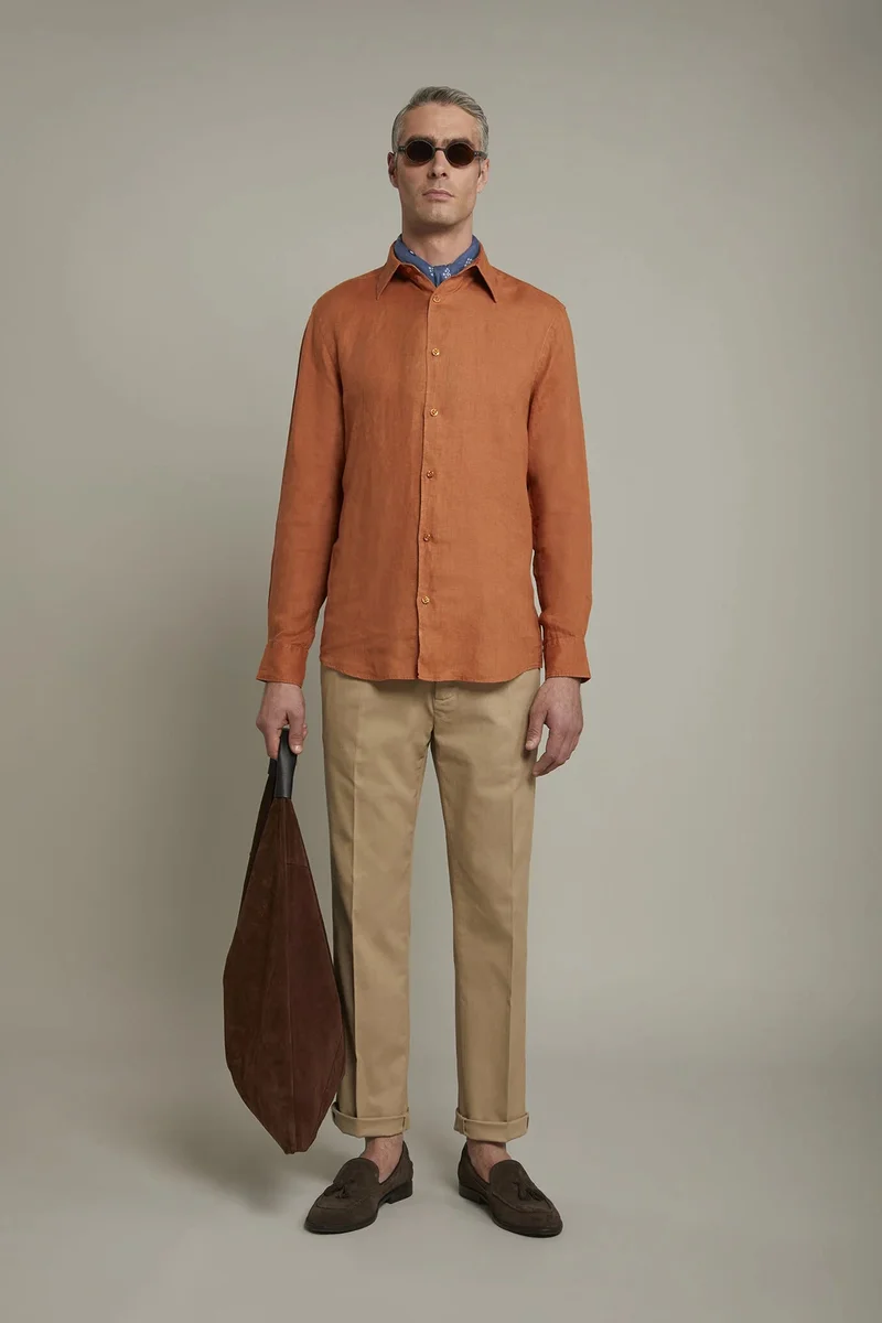 Men's casual shirt classic collar 100% linen comfort fit - Orange