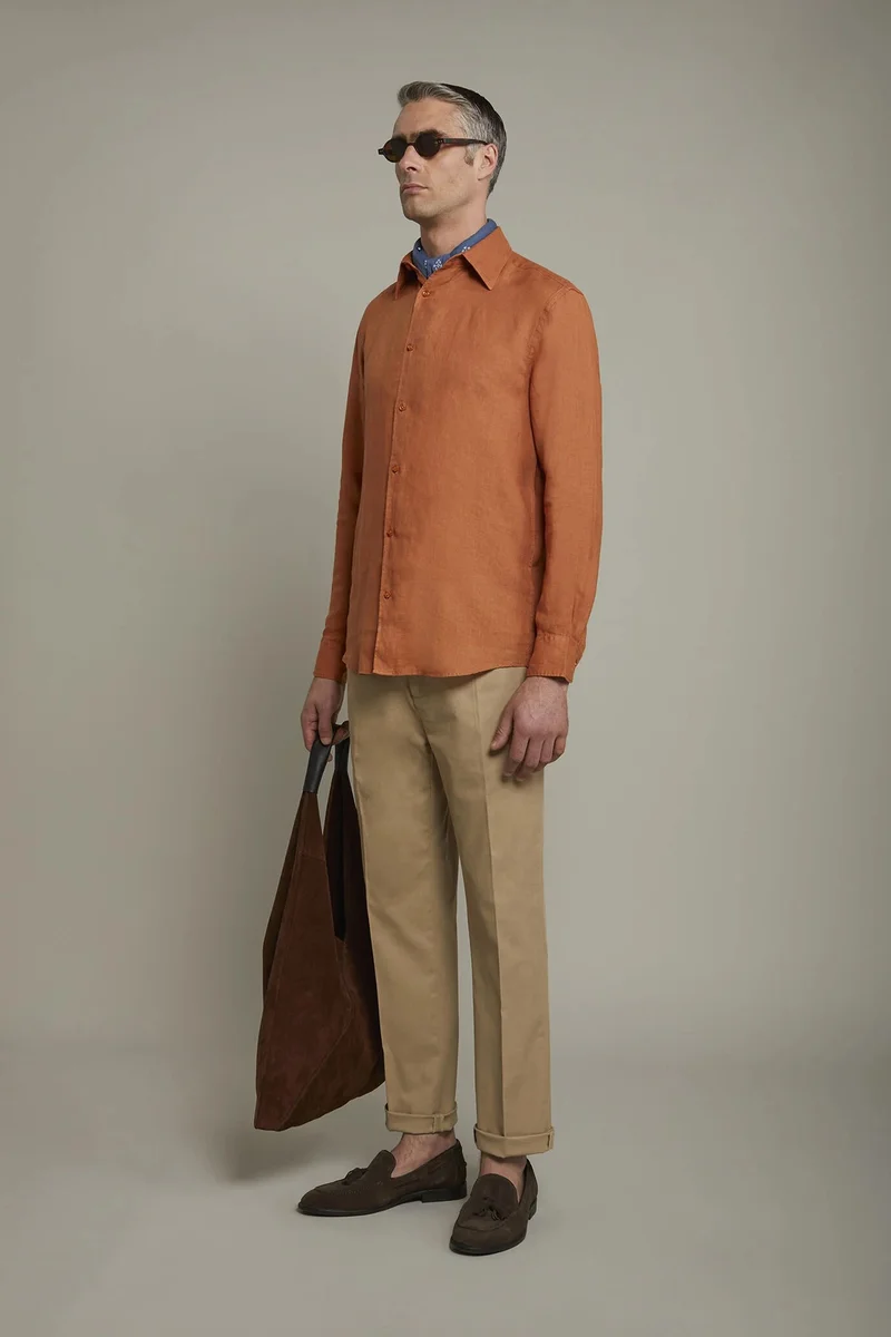 Doppelganger Orange Men's casual shirt classic collar 100% linen comfort fit - Orange for Men | Best Price UAE