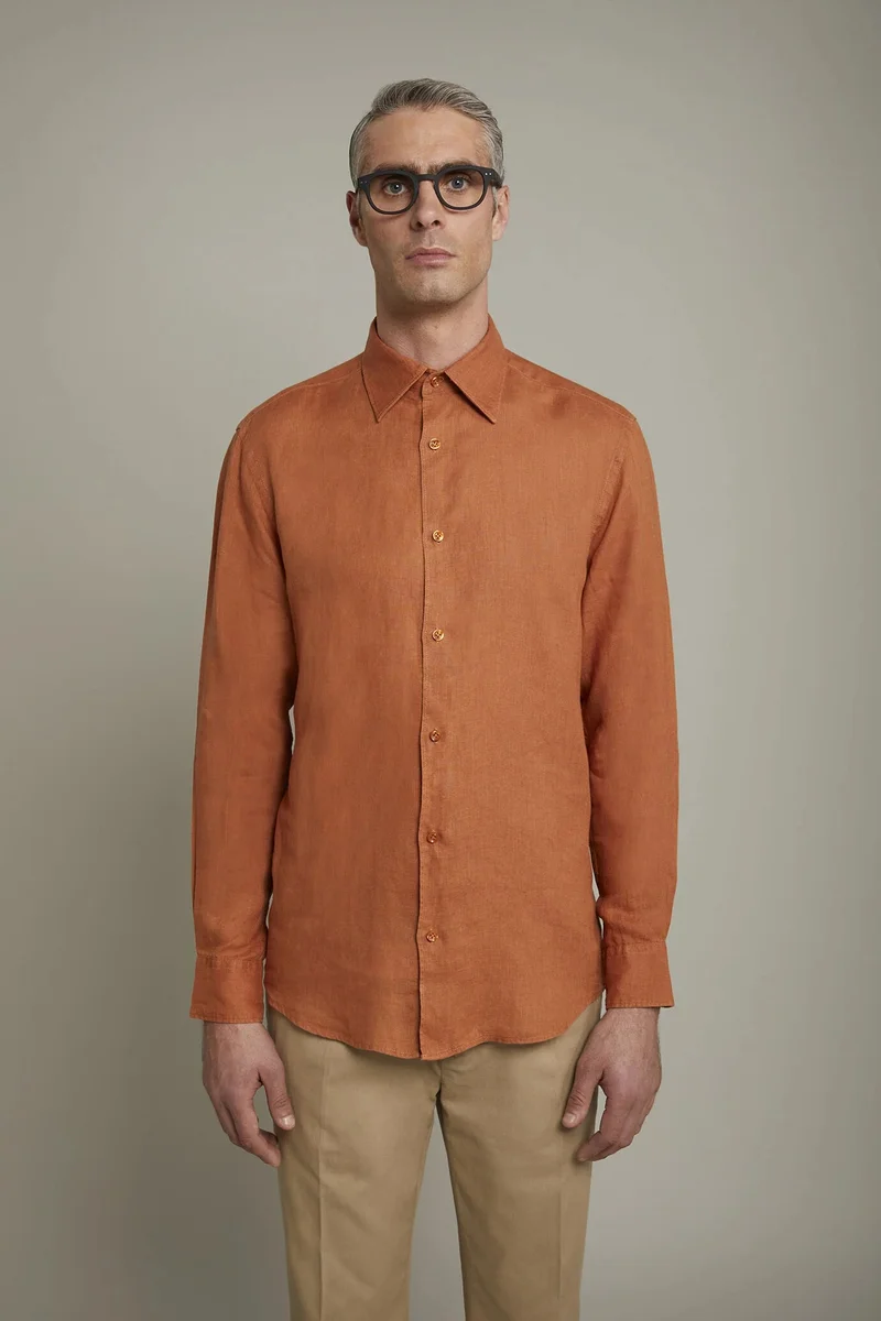 Doppelganger Orange Men's casual shirt classic collar 100% linen comfort fit - Orange for Men | Best Price UAE