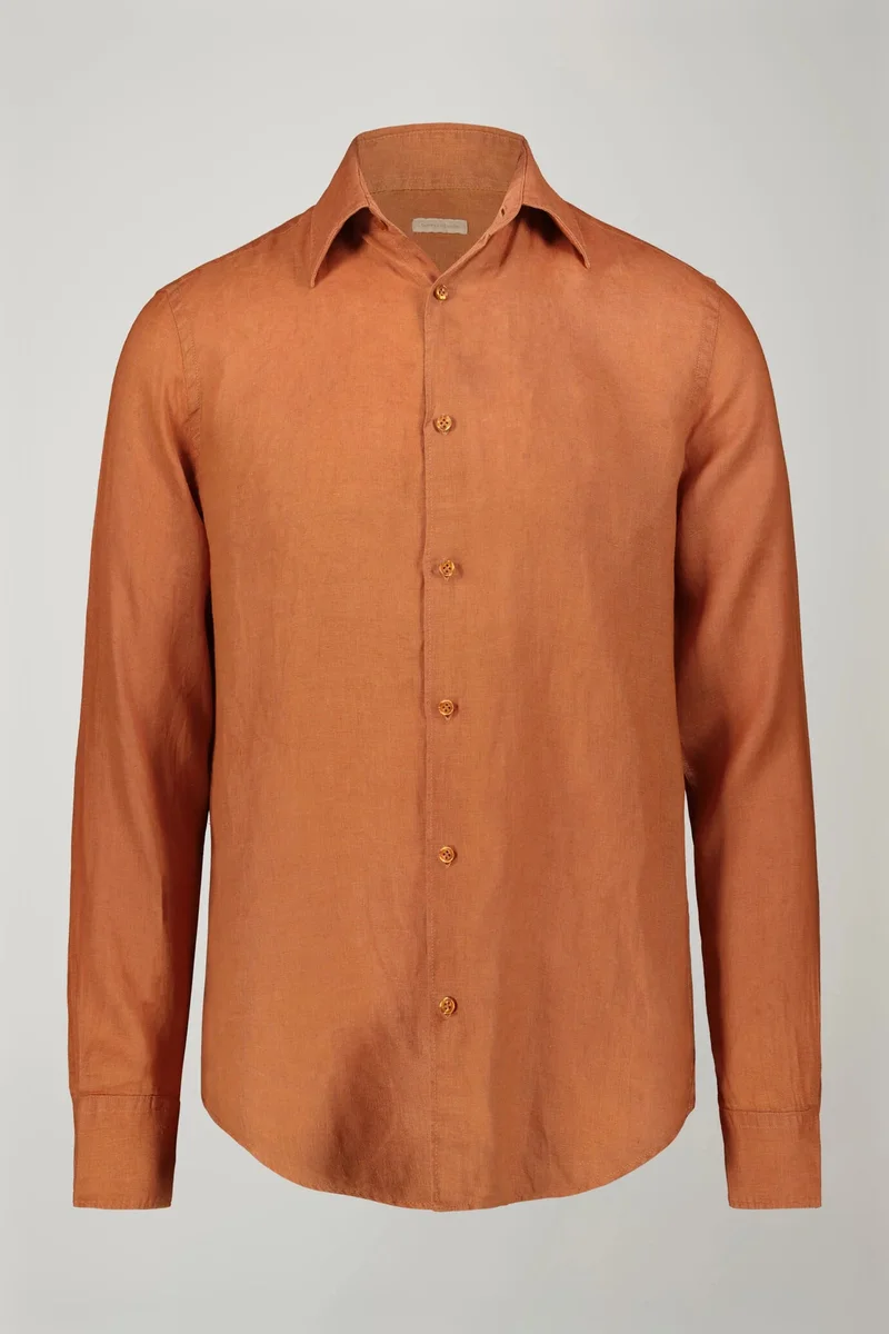 Doppelganger Orange Men's casual shirt classic collar 100% linen comfort fit - Orange for Men | Best Price UAE