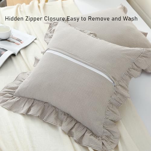 Silnuo Brown/White Ruffle Plaid Throw Pillow Covers Farmhouse Checkered Gingham Pillowcases 24"x24" Pillow Shams for Couch,Sofa,Bed and Living Room - Image 3