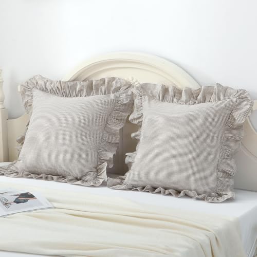 Silnuo Brown/White Ruffle Plaid Throw Pillow Covers Farmhouse Checkered Gingham Pillowcases 24"x24" Pillow Shams for Couch,Sofa,Bed and Living Room - Image 2