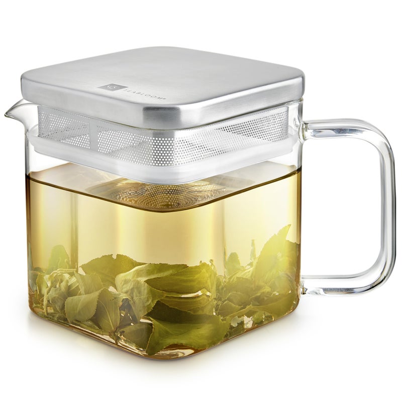 Teabloom Stackable Cube Glass Teapot for All Types of Teas â€“ 27 oz (800mL) â€“ Heat-Resistant Borosilicate Glass, Stainless Steel Filter Lid, Space-Saving Stackable Design - Image 1