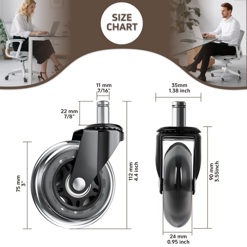 ASHGOOB Office Chair Wheels, Set of 5 Caster Wheels Office Accessories, 3 Inch Heavy Duty Casters for Chairs to Replace Office Chair Mats, Smooth & Quiet Universal Fit for Most Chairs(5 Pack) - Image 2