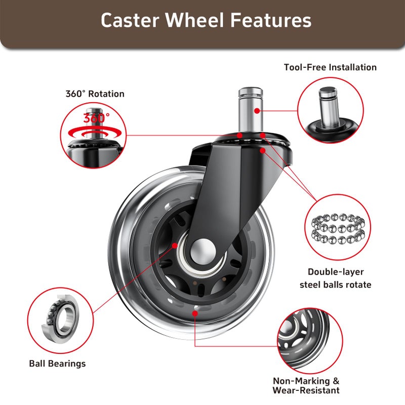 ASHGOOB Office Chair Wheels, Set of 5 Caster Wheels Office Accessories, 3 Inch Heavy Duty Casters for Chairs to Replace Office Chair Mats, Smooth & Quiet Universal Fit for Most Chairs(5 Pack) - Image 4
