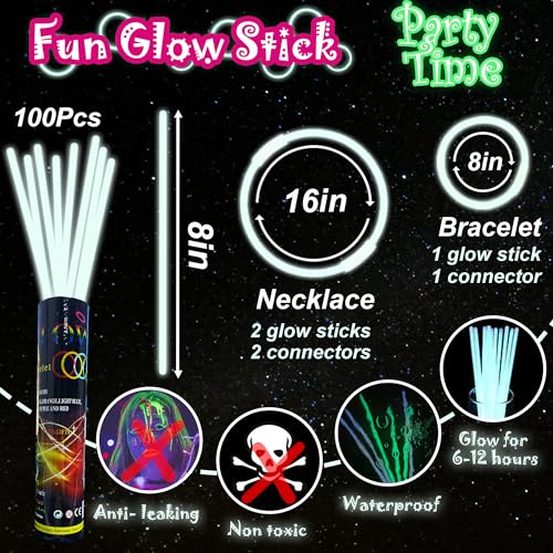 ILHSTY 100 pk Glow Sticks Bulk Party Favors and Decorations 8 Glow in the Dark Party Supplies For Halloween Neon Party Light up Glow sticks Necklaces Bracelets White100 - Image 5