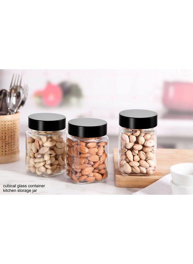 Brezzycloud Cubical Square 300ml Transparent Glass Jars & Containers for Kitchen, Cube Storage Glass Jar, 300 ml Each, Transparent Glass Jat with Black Color Plastic Airtight Lid (Set Of 12) - Image 2
