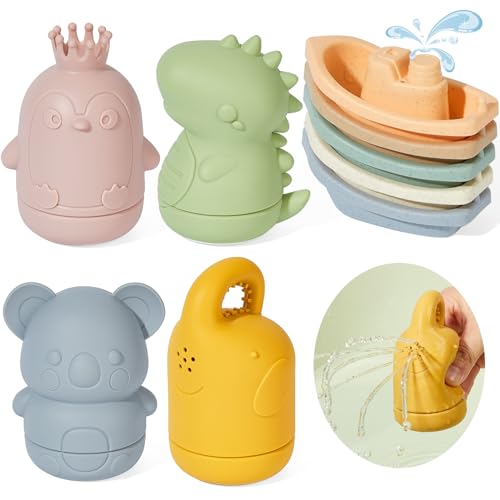 AMCHSURI Baby Bath Toys 9PCS Mold Free Bath Toys for Babies 612 Months Bathtub Water Toys with Easy Clean Silicone Bath Toy for Kids Ages 13 Safe Bath Boats Baby Shower Birthday Gifts for Babies Infant - Image 1