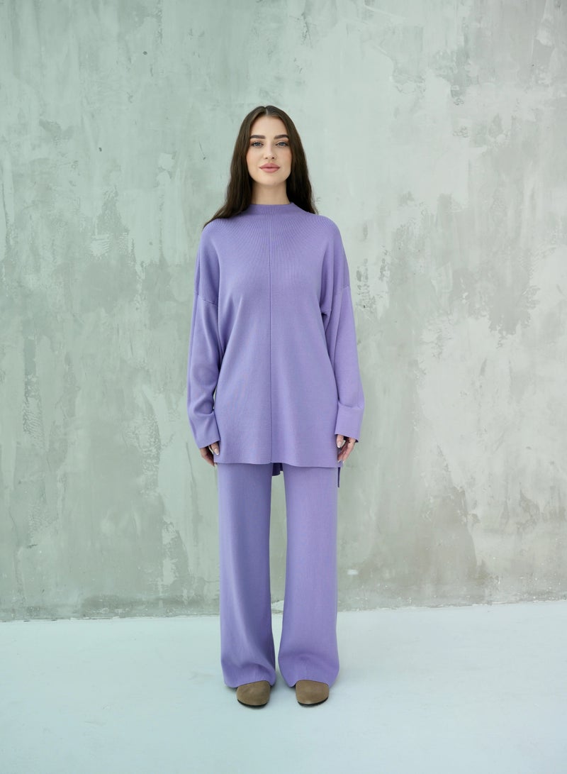 Andy Women's Premium Knitwear Set – Long-Sleeve Tunic Top with Wide-Leg Trousers | Elegant & Comfortable Two-Piece Outfit for Casual or Formal Wear - Purple - Image 1