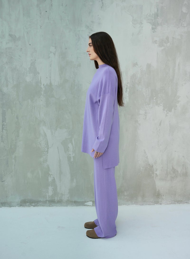 Andy Women's Premium Knitwear Set – Long-Sleeve Tunic Top with Wide-Leg Trousers | Elegant & Comfortable Two-Piece Outfit for Casual or Formal Wear - Purple - Image 2