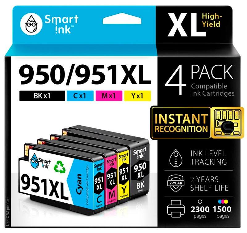 Smart Ink Compatible Ink Cartridges Replacement for HP 950XL 951XL 950 XL 951 XL 4 Combo Pack (1 Black & 1 Cyan 1 Magenta 1 Yellow) for HP Printer Officejet Pro 8600 plus 8610 8620 8100 8625 8630 8615 - Image 1