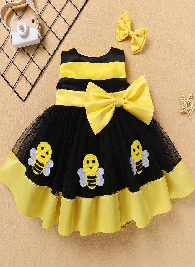 IBAKOM Newborn Toddler Baby Girl Princess Dress Cake Smash Birthday Tutu Dress+Headband Outfits Pageant Christmas Baptism Party Clothes Set for Cake Smash Photo Shoot Yellow-Bee 12-18 Months - Image 3