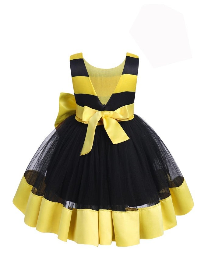IBAKOM Newborn Toddler Baby Girl Princess Dress Cake Smash Birthday Tutu Dress+Headband Outfits Pageant Christmas Baptism Party Clothes Set for Cake Smash Photo Shoot Yellow-Bee 12-18 Months - Image 2