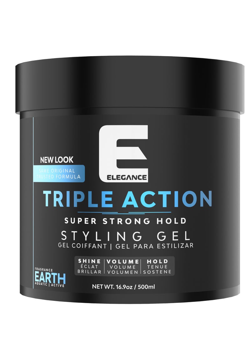 Elegance-E Series Earth Triple Action Styling Gel 500ml- Super Strong Hold, Volumizing, Flake-Free with Long-Lasting Shine and Refreshing Fragrance