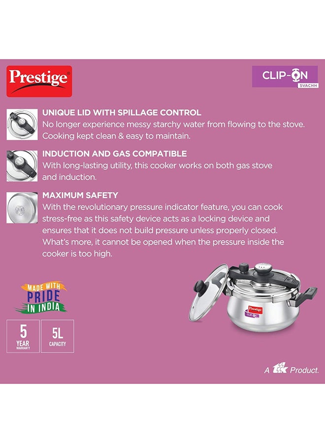 Prestige Svachh Clip-on 5 Litre Stainless Steel Pressure Handi - Image 4
