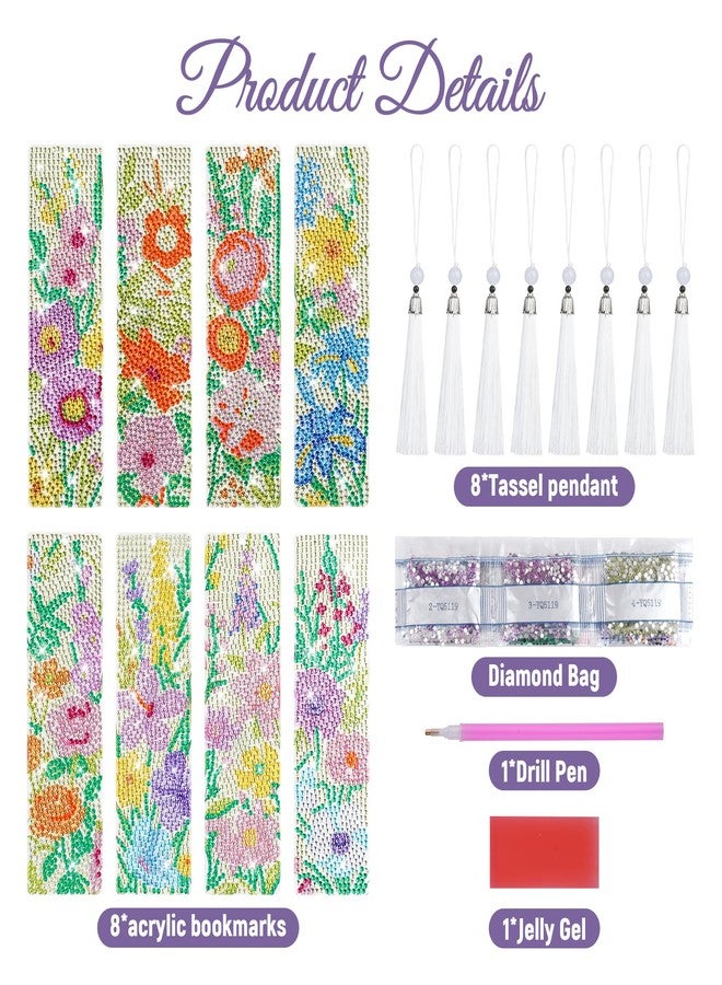 cnomg Flower Diamond Art Bookmarks 8 Pcs 5D Diamond Painting Bookmarks with Tassels for Graduation Birthday Reader Gifts - Image 5