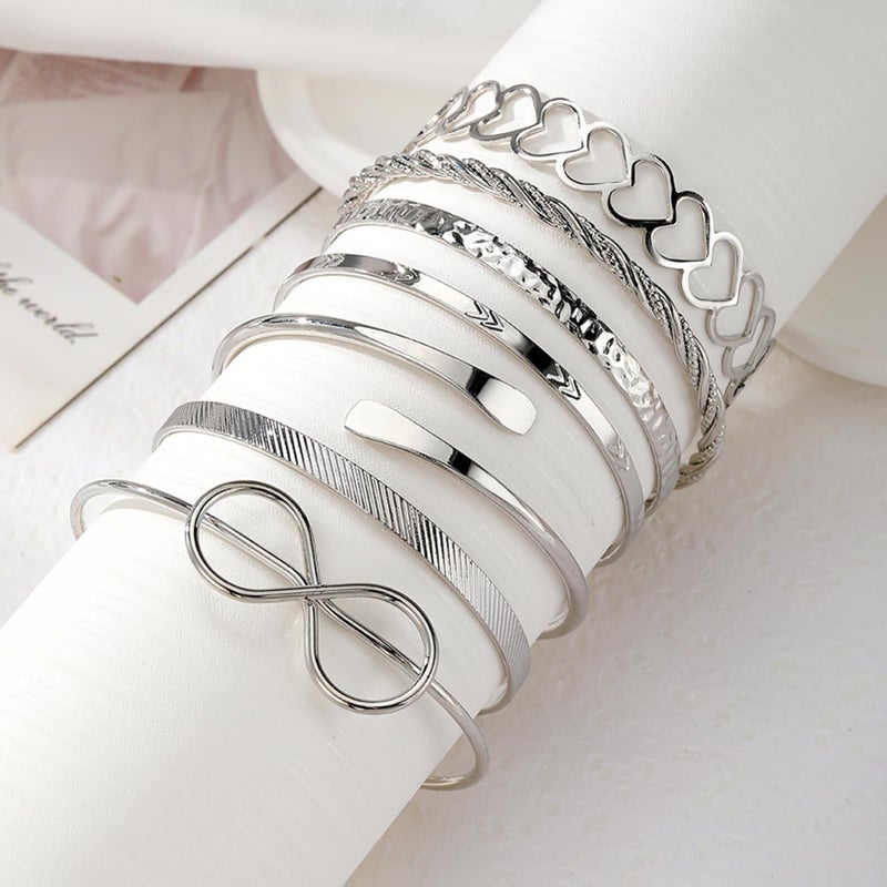 17IF 7 Pcs Silver Bangle Bracelet For Women, 14k Multilayer Charm Textured Stackable Bracelets Heart Indian Chunky Cuff Fashion Jewelry Gift - Image 3
