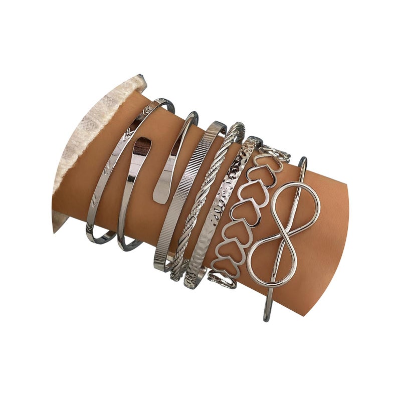 17IF 7 Pcs Silver Bangle Bracelet For Women, 14k Multilayer Charm Textured Stackable Bracelets Heart Indian Chunky Cuff Fashion Jewelry Gift - Image 1