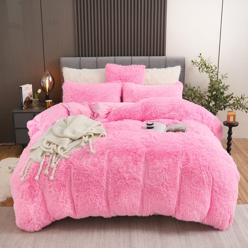 Fluffy Plush Pink Duvet Cover Set Queen Size Luxury Soft Velvet Fuzzy Comforter Cover Bed Sets 4Pcs1 Faux Fur Duvet Cover  2 Pillow Cases  1 Pillow Cover Zipper Closure Queen Light Pink