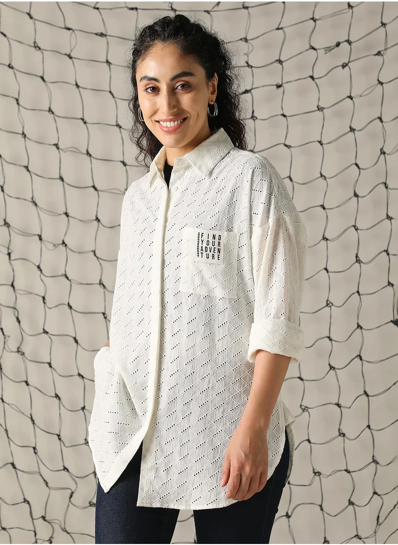 هوبرهولمي Women's Off White 100% Cotton Embroidered Button Down Shirt