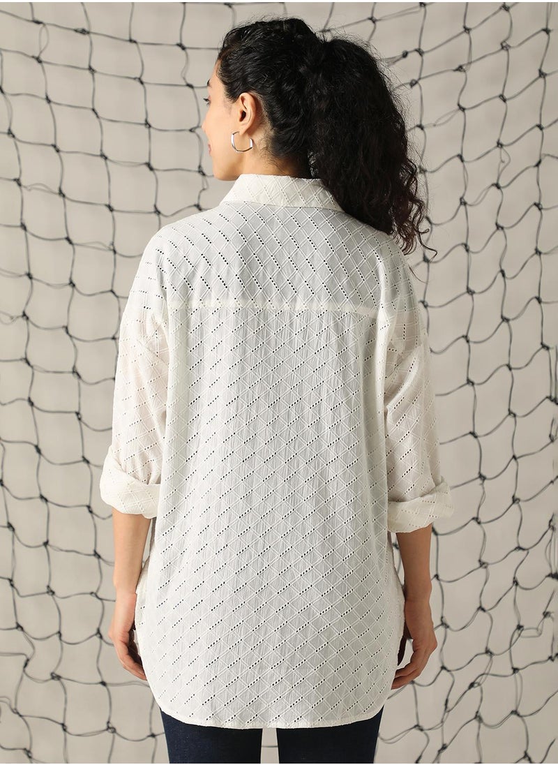 Hubberholme - Women's Off White 100% Cotton Embroidered Button Down Shirt - Image 1