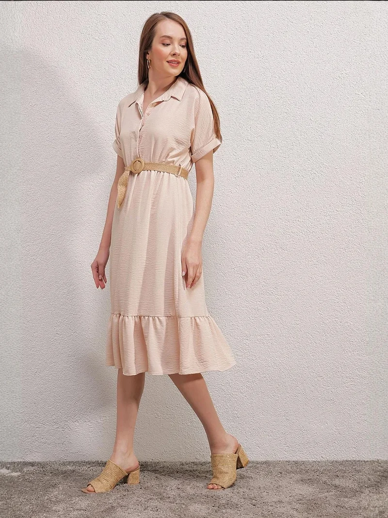 BIG DART BDART Textured Belted Midi Dress with Shirt Collar