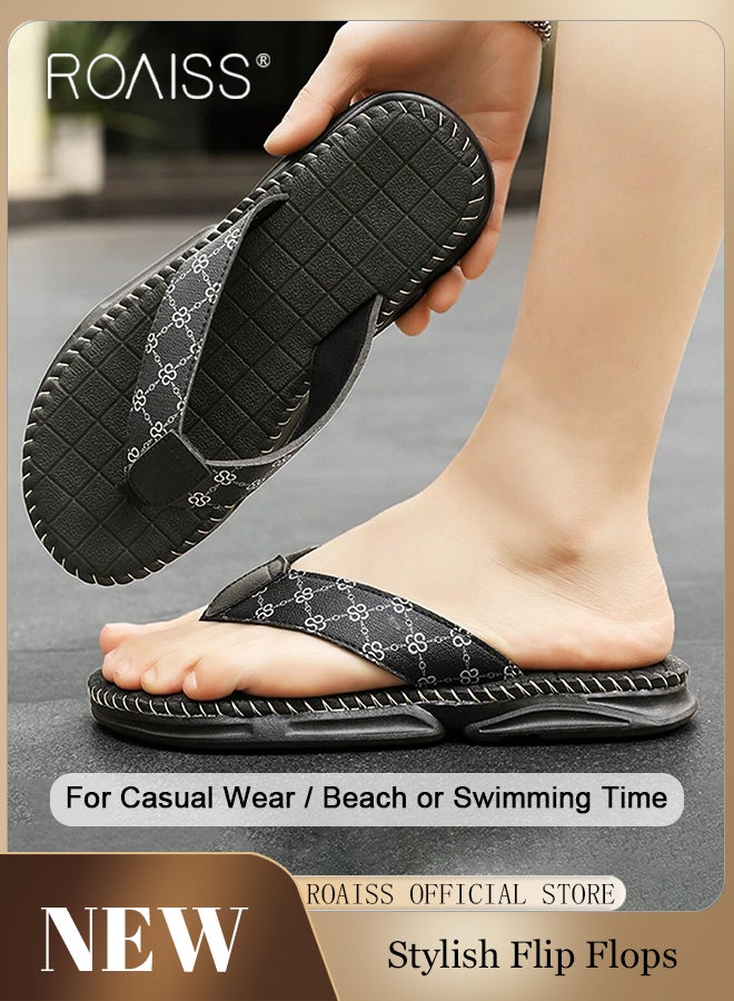 رويس شبشب رجالي كاجوال مفتوح الأصابع، مناسب ومتين للصيف للارتداء اليومي، صندل شاطئ غير قابل للانزلاق ومقاوم للتآكل بنقوش سوداء - Image 1